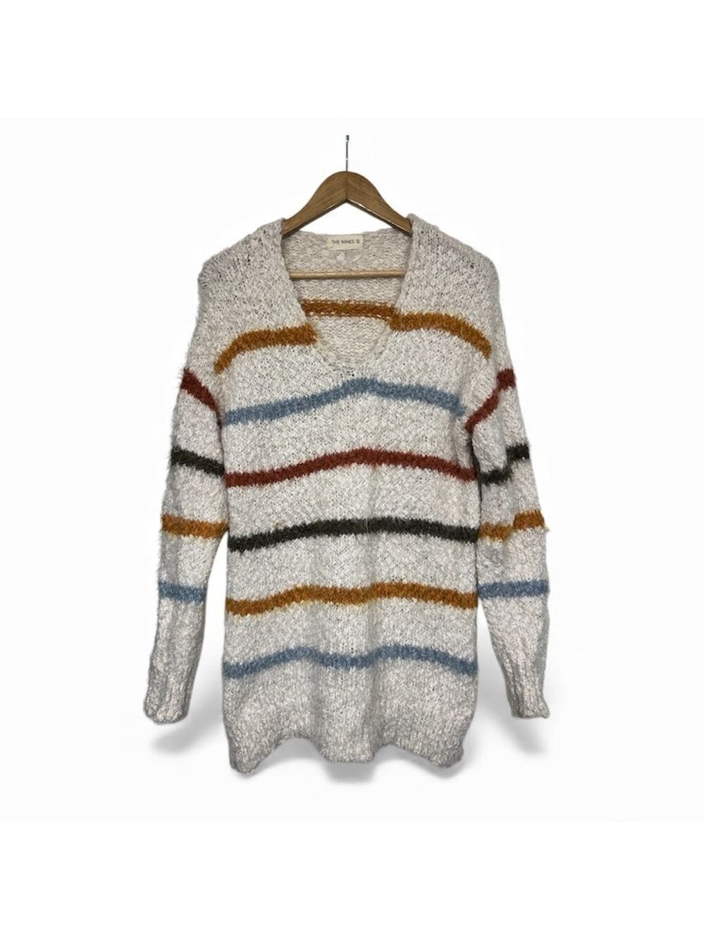 The Nines Bouclé Stripe Sweater Soft V-Neck Knit Women's M